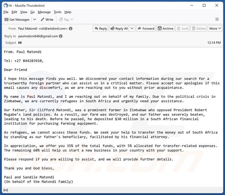 Trustworthy Foreign Partner campagna di spam via e-mail