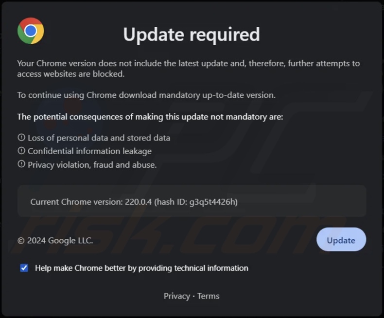Your Chrome Version Does Not Include The Latest Update pop-up truffa