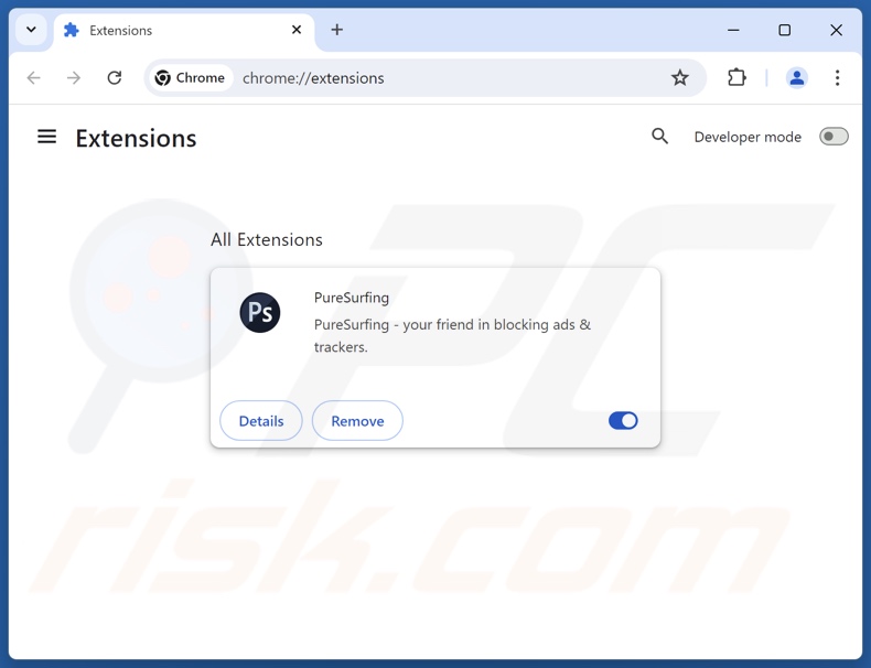 Comparsa dell'estensione del browser PureSurfing che visualizza il pop-up truffa Your Chrome Version Does Not Include The Latest Update (GIF)