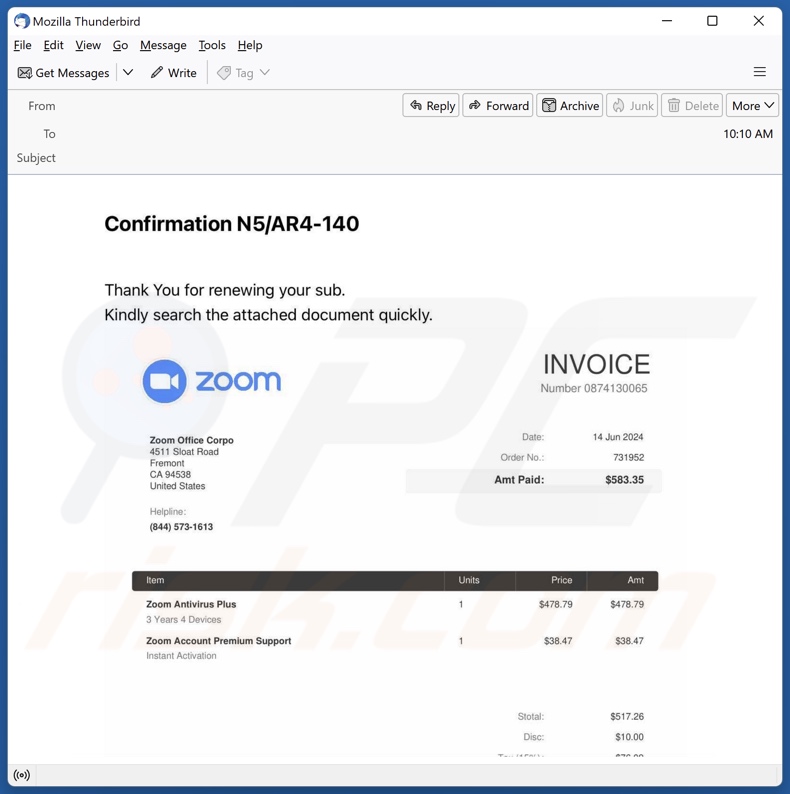 Zoom Antivirus Plus Subscription campagna di spam via e-mail