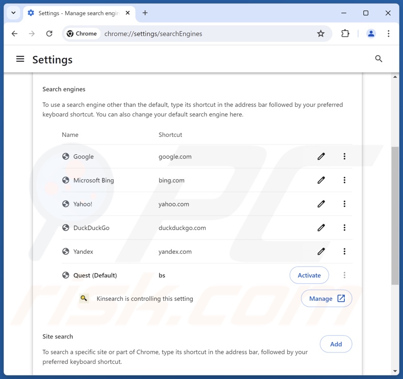 Rimozione di findflarex.com dal motore di ricerca predefinito di Google Chrome