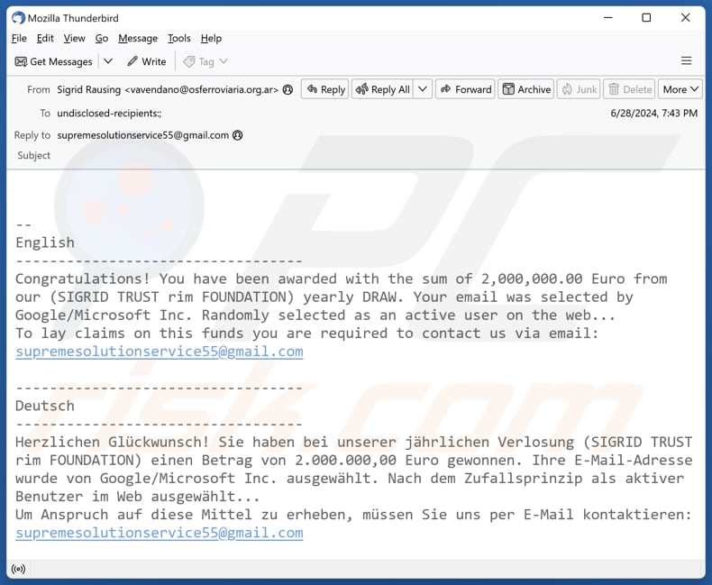 Sigrid Trust Rim Foundation campagna di spam via e-mail