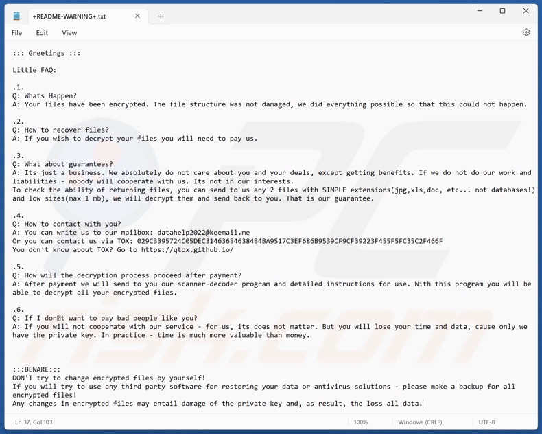 Ursq ransomware nota di riscatto (+README-WARNING+.txt)