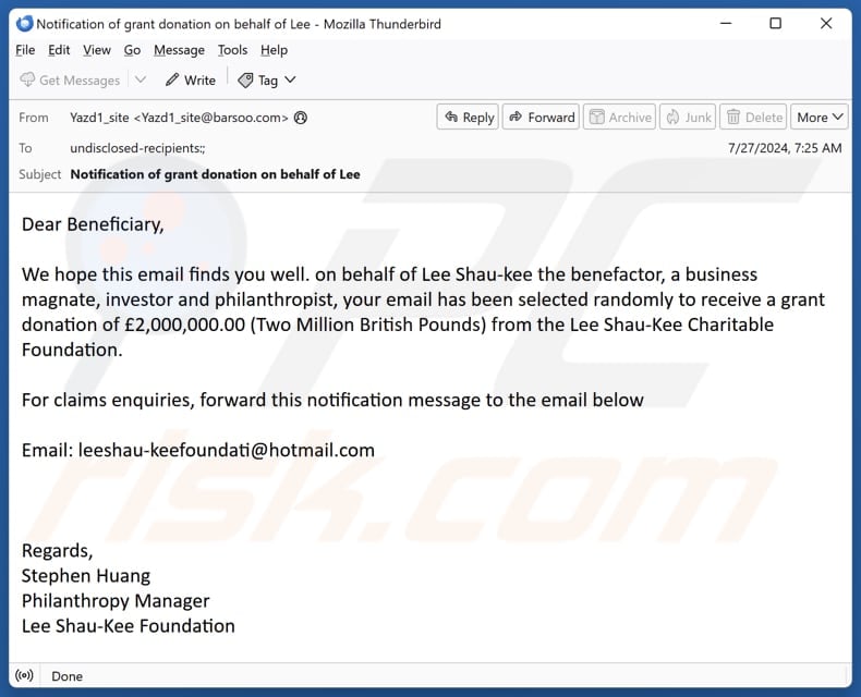 Campagna di spam via e-mail della Lee Shau-Kee Charitable Foundation