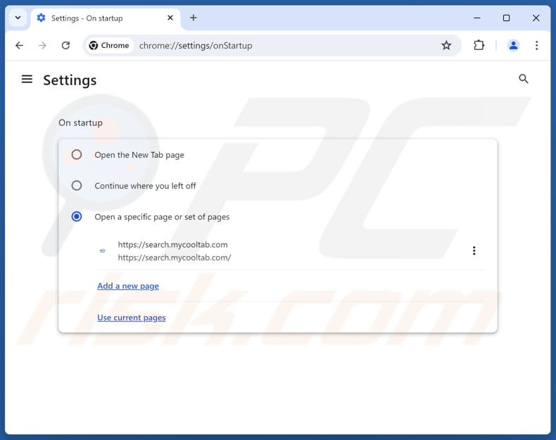 Rimozione di search.mycooltab.com dalla homepage di Google Chrome