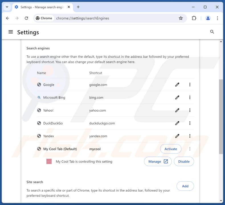 Rimozione di search.mycooltab.com dal motore di ricerca predefinito di Google Chrome