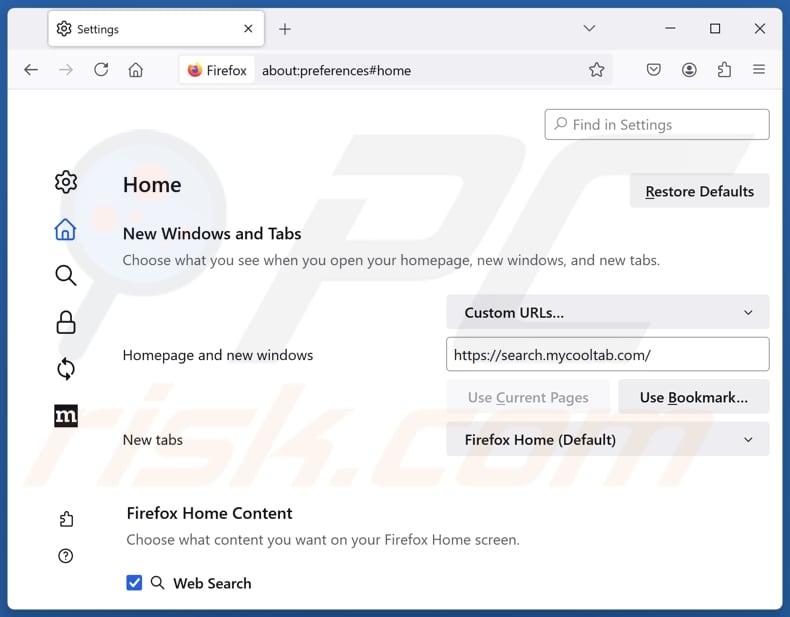 Rimozione di search.mycooltab.com dalla homepage di Mozilla Firefox