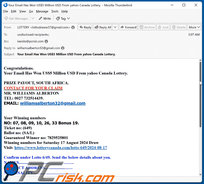 Yahoo Canada Lottery aspetto delle e-mail truffa (GIF)