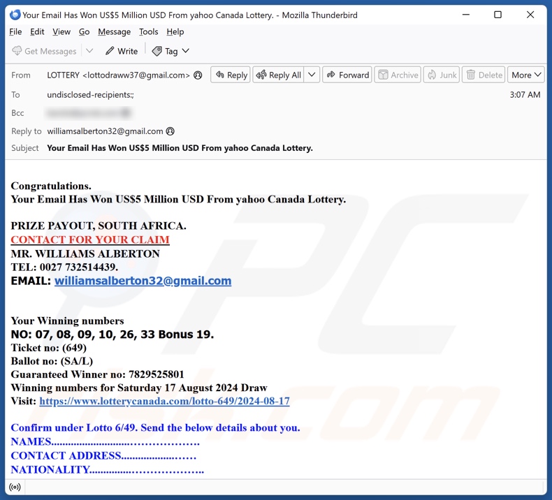 Yahoo Canada Lottery campagna di spam via e-mail
