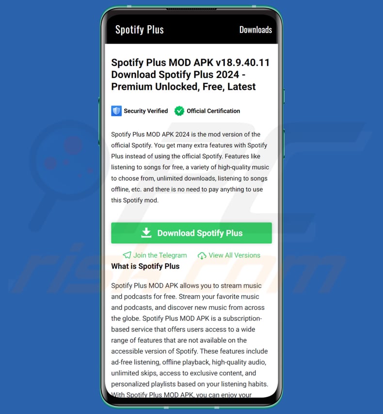 Necro trojan falso sito web di Spotify