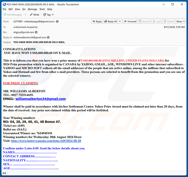 Yahoo Canada Lottery email truffa (2024-09-03)