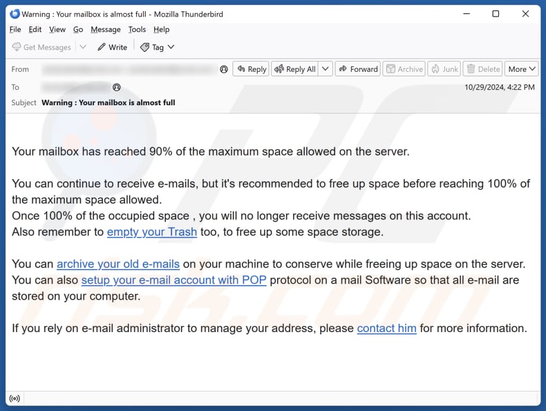 Maximum Mailbox Space Allowed campagna di spam via e-mail