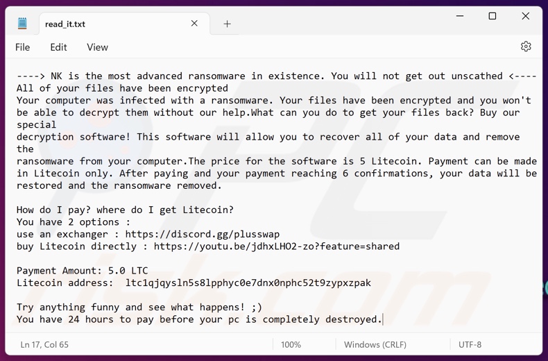 NK ransomware nota di riscatto (read_it.txt)