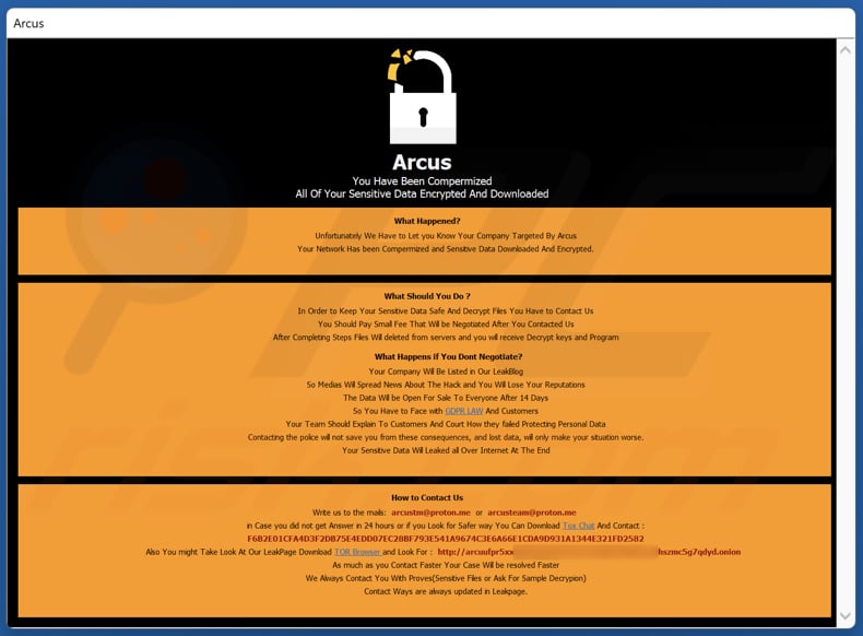Arcus ransomware ransom note pop-up message