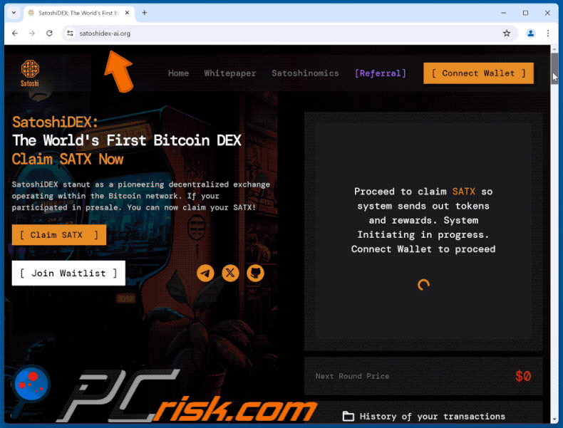 Comparsa della truffa Claim SatoshiDEX (SATX) (GIF)