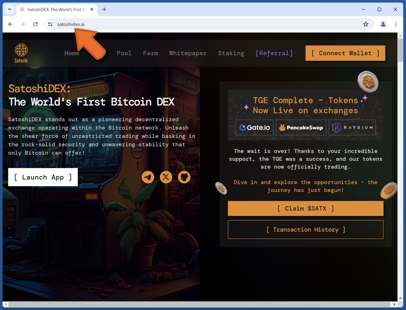 Aspetto del vero sito web SatoshiDEX (satoshidex.ai)