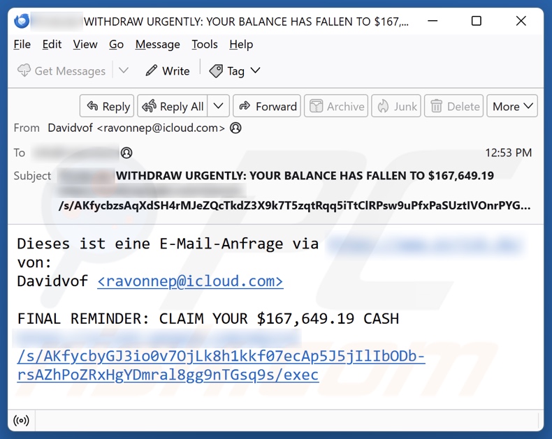 Email di spam utilizzate per promuovere questo falso sito BitPay (esempio 1)