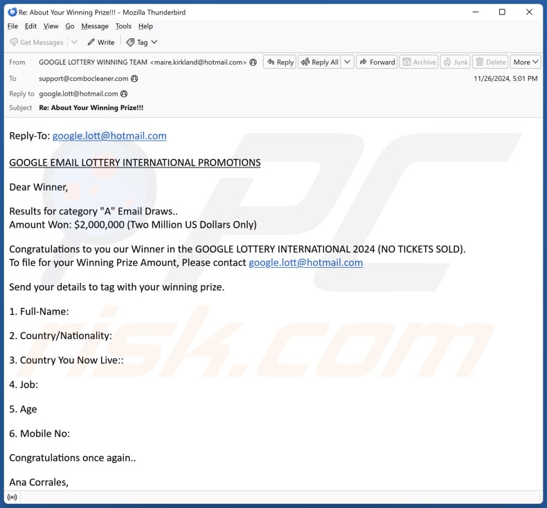 Google Email Lottery International Promotions campagna di spam via e-mail