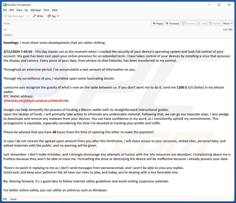 I Have Penetrated Your Device's Operating System email truffa seconda variante