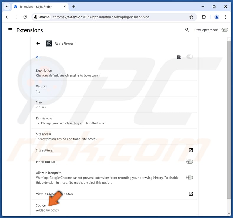 RapidFinder browser hijacker descrizione dell'estensione