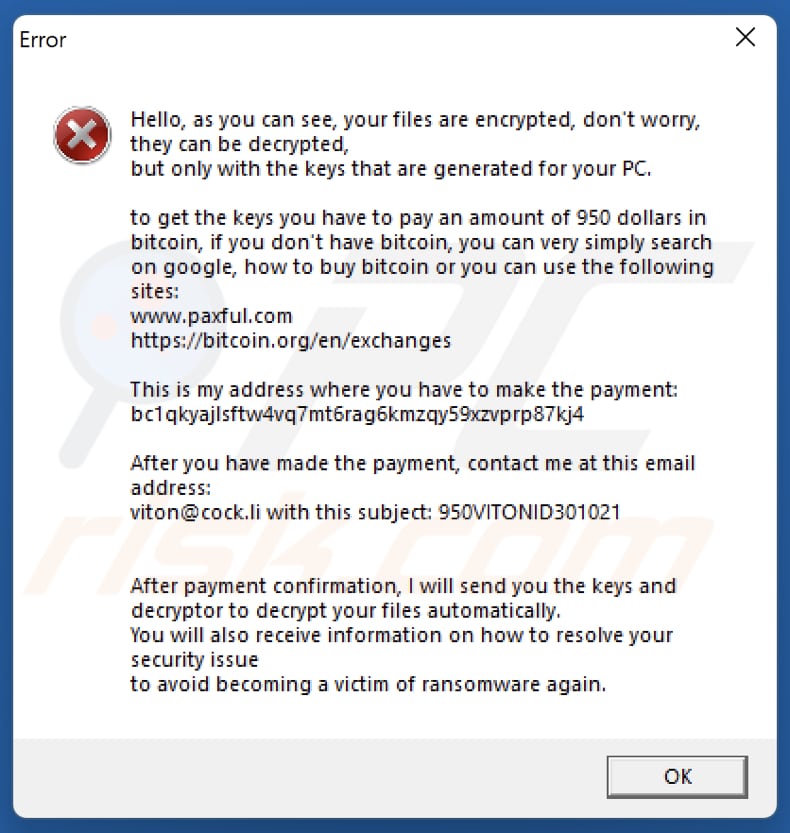 ViT ransomware pop-up finestra