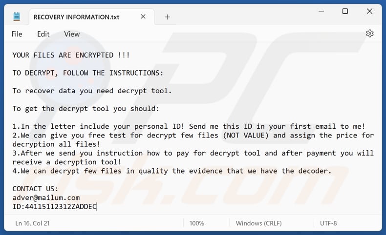 Adver ransomware file di testo (RECOVERY INFORMATION.txt)