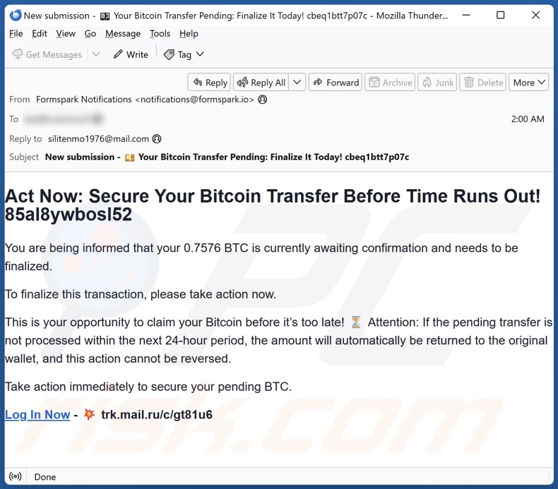 Blockchain.com Money Transfer email promozionali truffaldine
