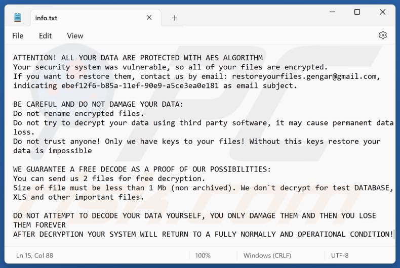 Gengar ransomware file di testo (info.txt)