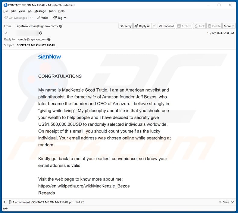 Mackenzie Scott email spam a tema filantropico (2024-12-13)