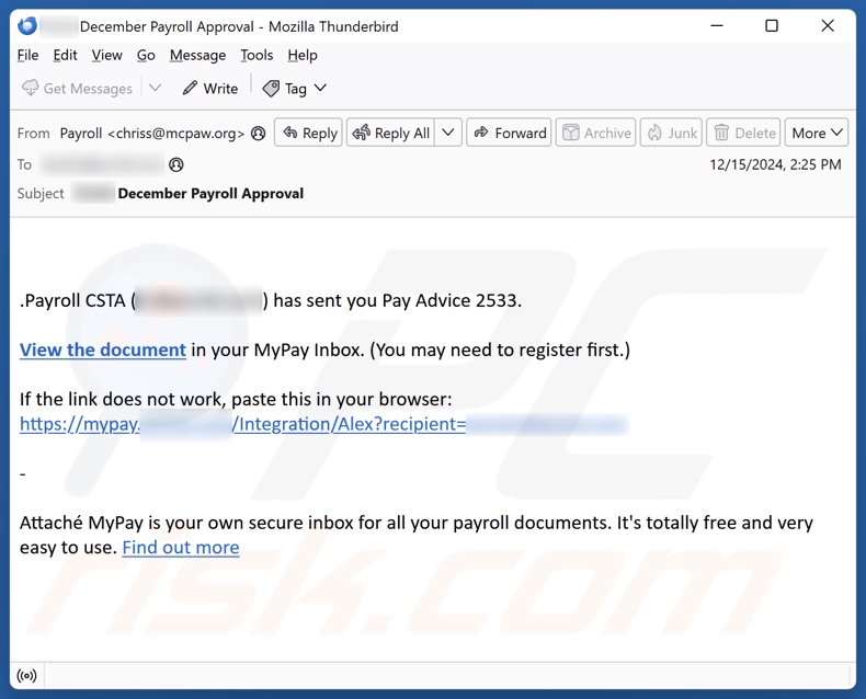 Pay Advice campagna di spam via e-mail