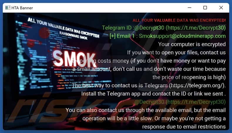 SMOK ransomware nota di riscatto (pop-up)