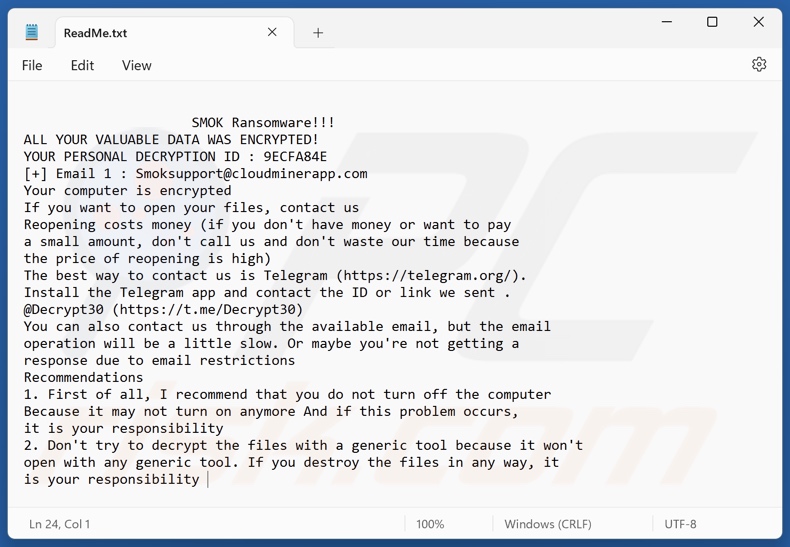 SMOK ransomware file di testo (ReadMe.txt)