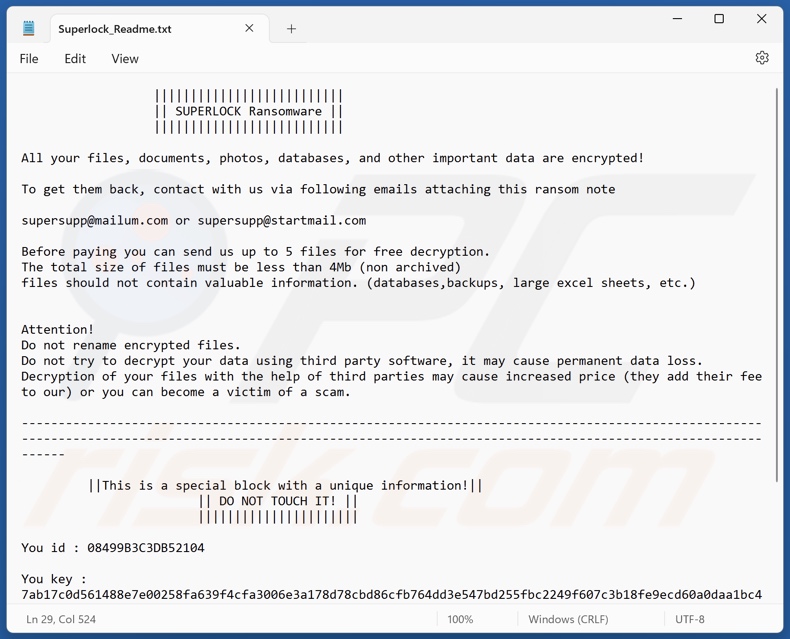 SUPERLOCK ransomware nota di riscatto (Superlock_Readme.txt)