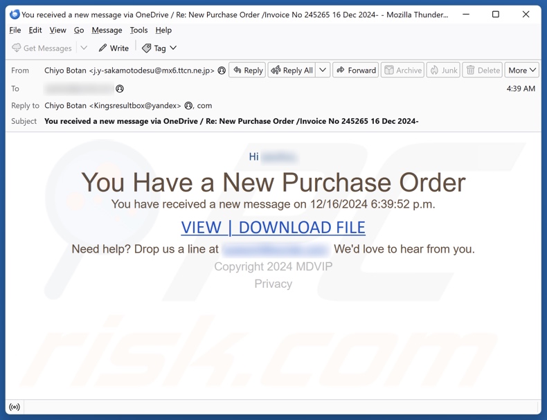 You Have A New Purchase Order campagna di spam via e-mail