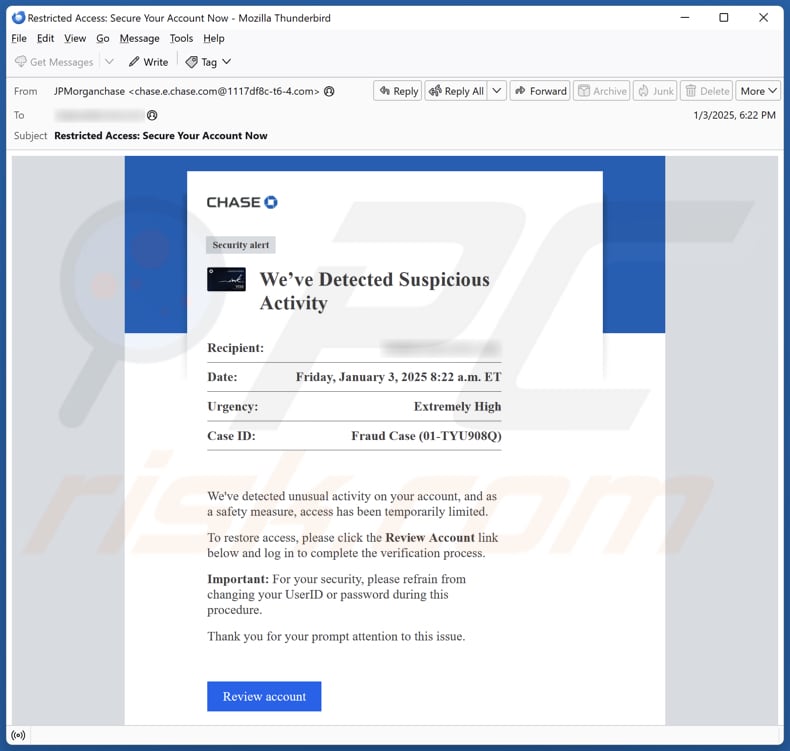 Chase - Suspicious Activity campagna di spam via e-mail