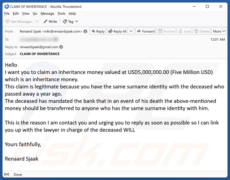 Claim Inheritance Money campagna di spam via e-mail