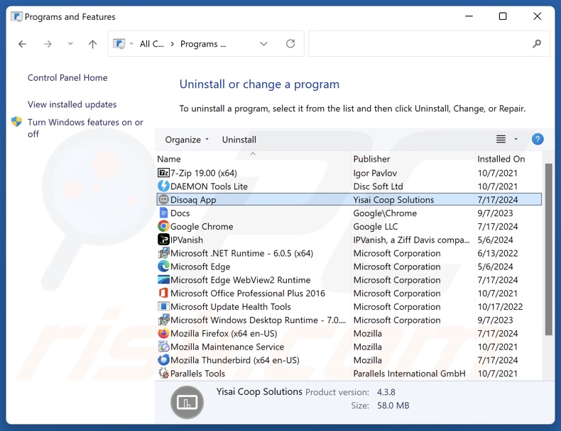 Disoaq App disinstallare via Control Panel