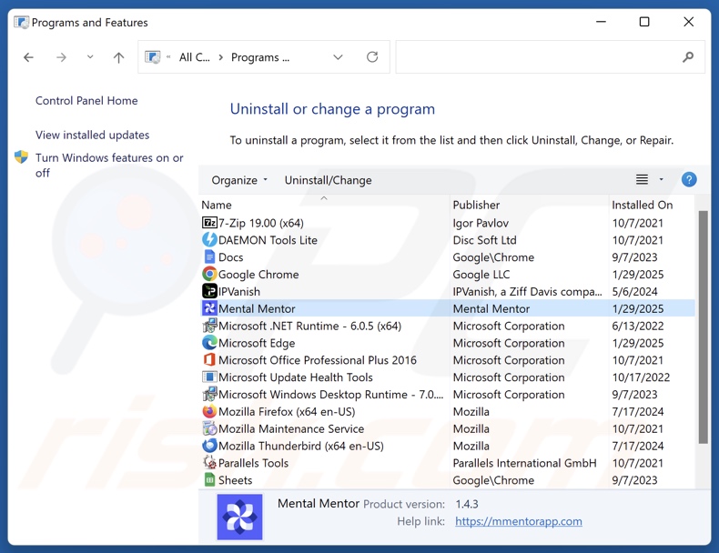 Mental Mentor disinstallare via Control Panel
