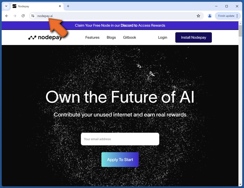 Aspetto del vero sito web di Nodepay (nodepay.ai)