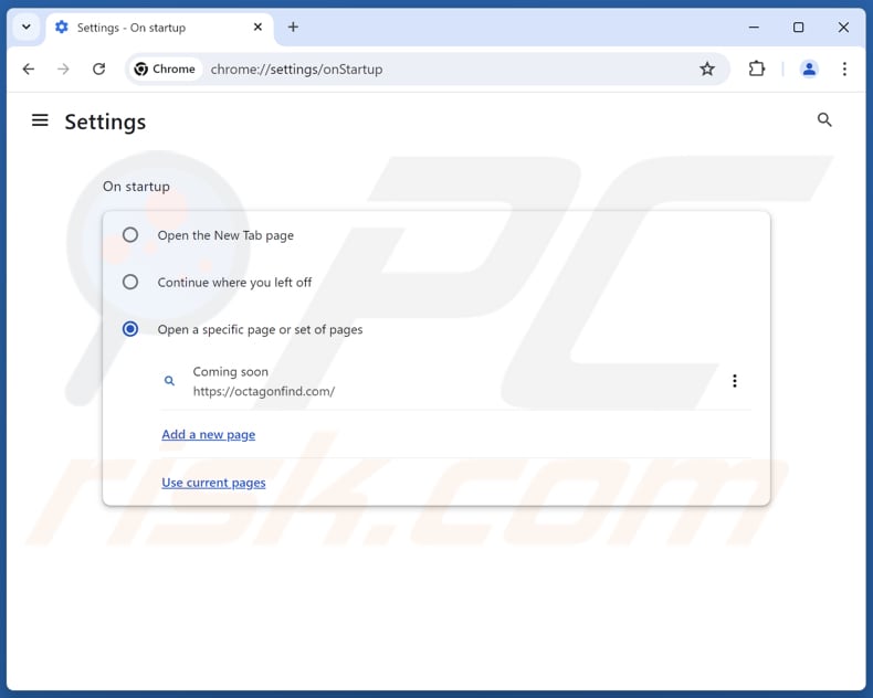 Rimozione di octagonfind.com dalla homepage di Google Chrome