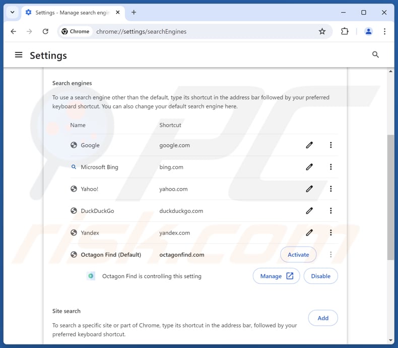 Rimozione di octagonfind.com dal motore di ricerca predefinito di Google Chrome