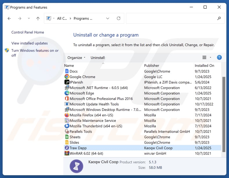 Traw Dapp disinstallare via Control Panel