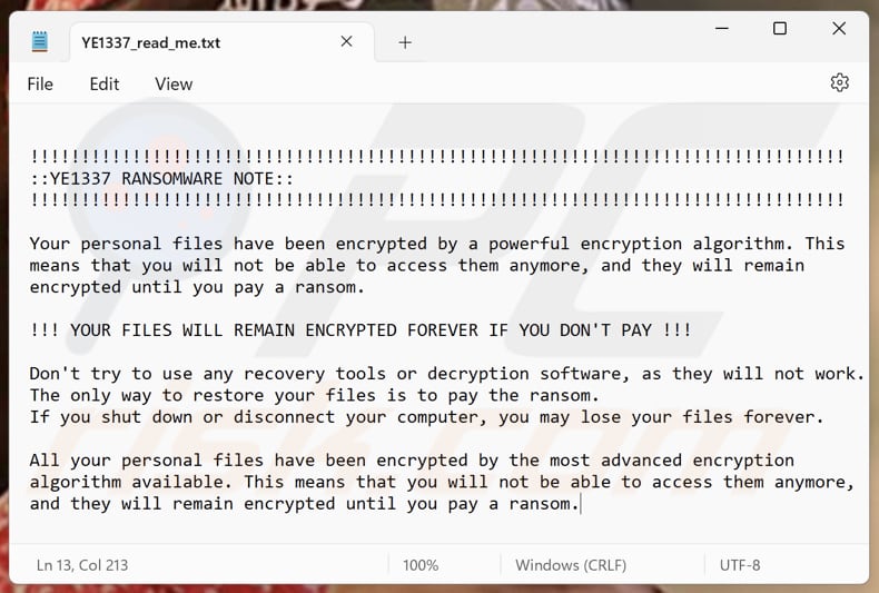 YE1337 ransomware file di testo (YE1337_read_me.txt)