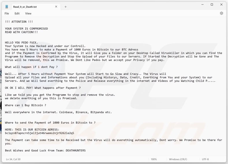 DeathHunters ransomware nota di riscatto (Read_it_or_Death.txt)