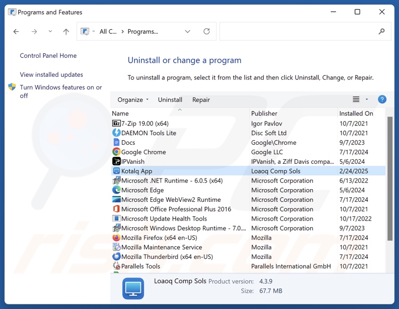 Kotalq App disinstallare via Control Panel