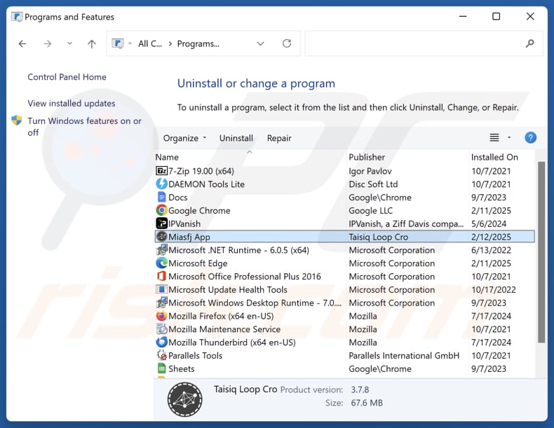 Miasfj App disinstallare via Control Panel