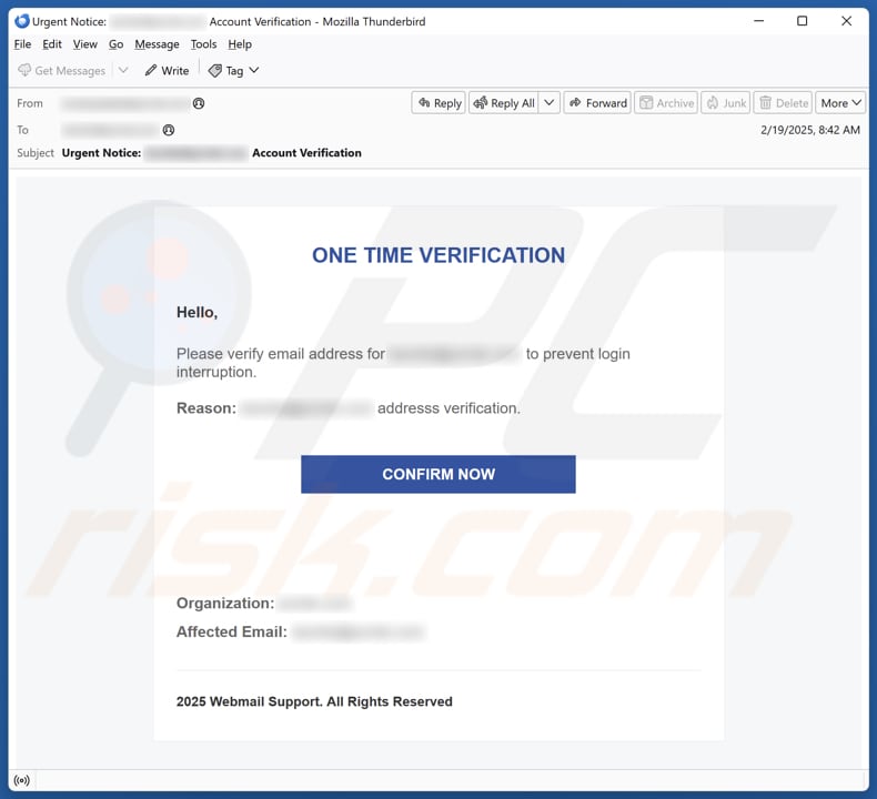 One Time Verification campagna di spam via e-mail