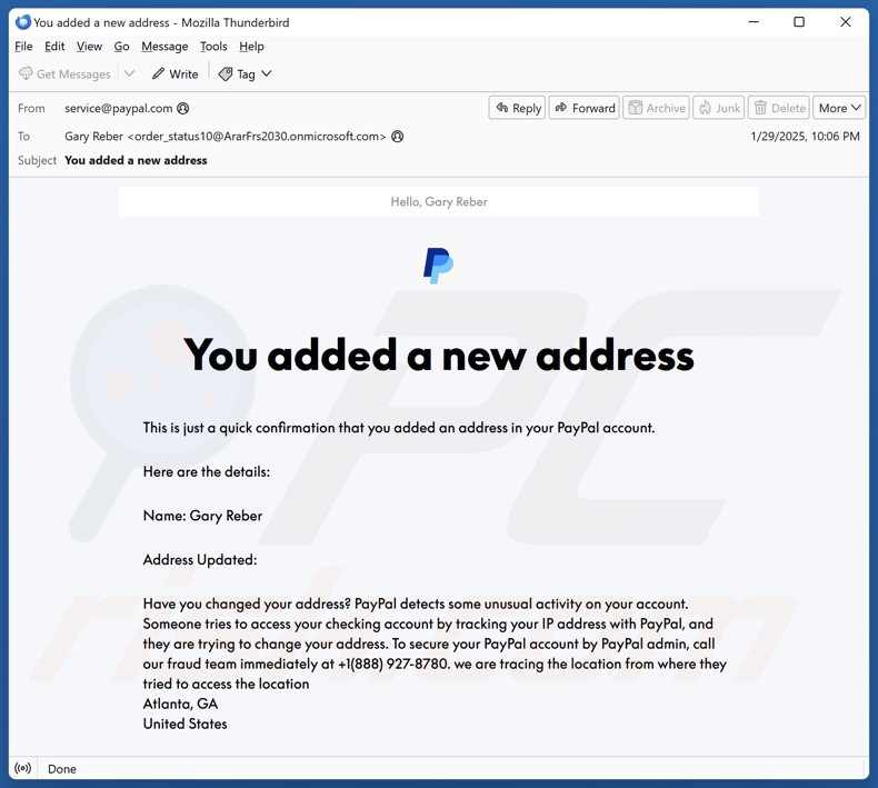 PayPal - You Added A New Address variante alternativa delle e-mail truffa