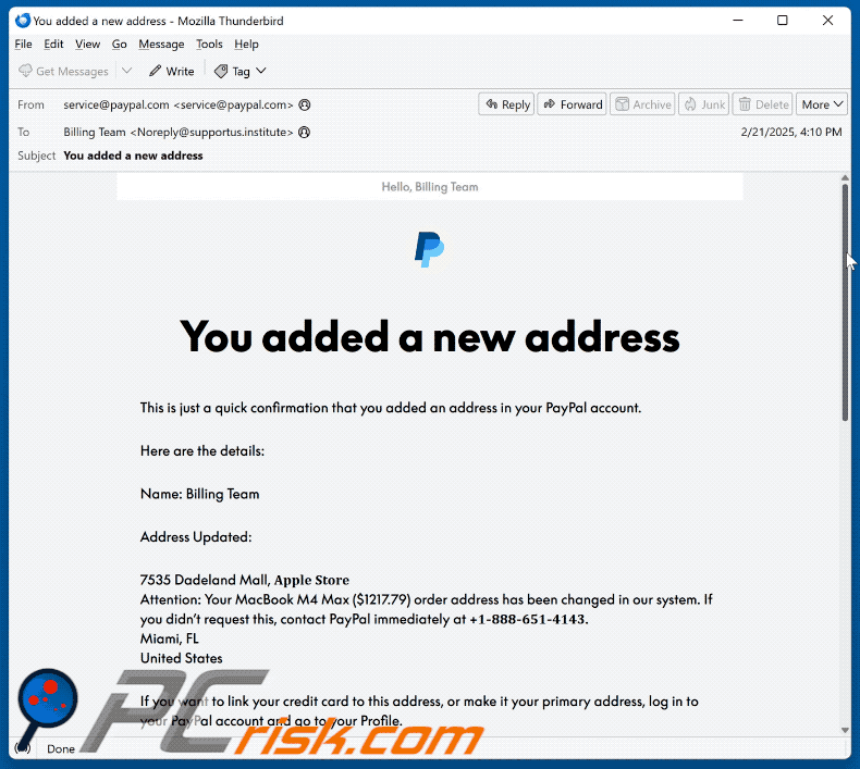 PayPal - You Added A New Address aspetto delle e-mail truffa (GIF)