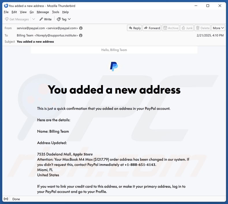 PayPal - You Added A New Address campagna di spam via e-mail